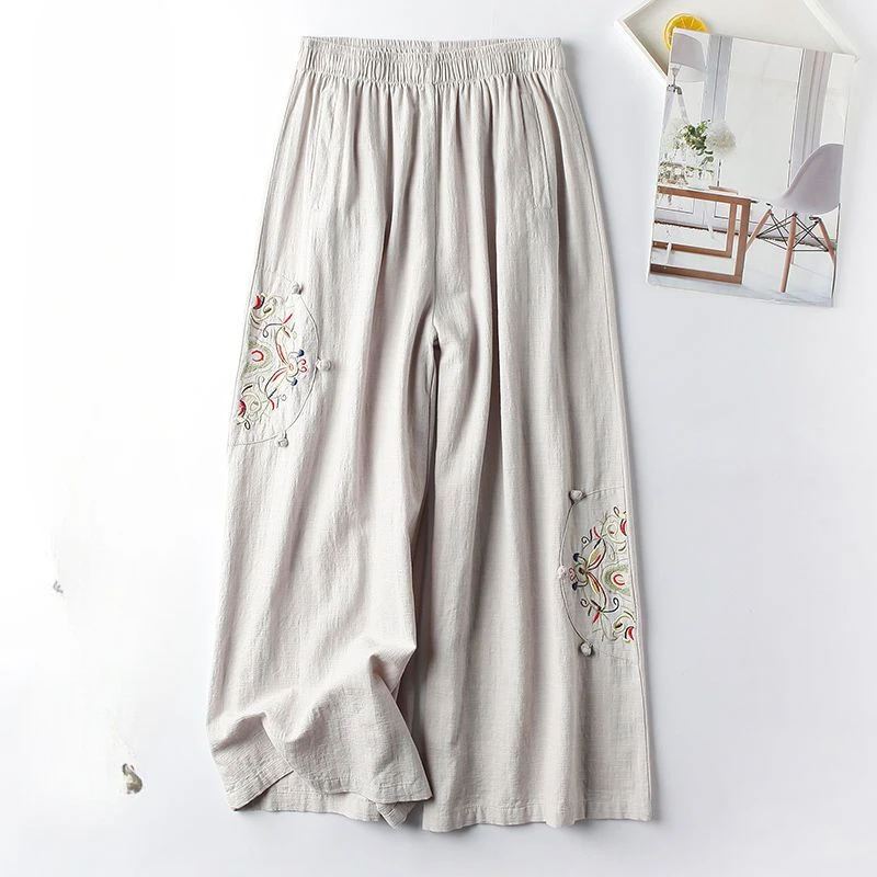 

Women's Spring and Summer 2025 New Embroidery Vintage Wide-leg Pants Vintage Trousers Cotton Linen High Waist Bloomers A331