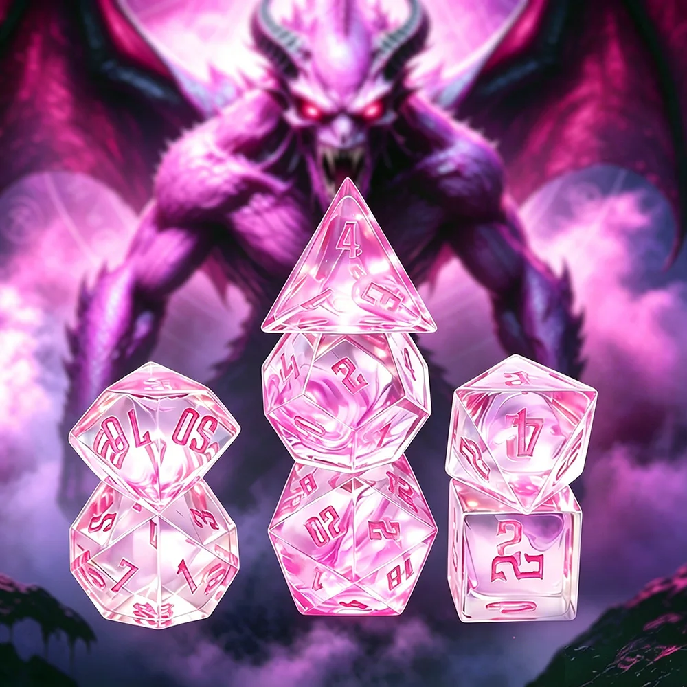 Juego de dados de cristal rosa de ensueño de 7 piezas, dados poliédricos de resina afilada para DND, dados para juegos de rol de Dungeons and Dragons, juegos de mesa para adultos, perfecto C