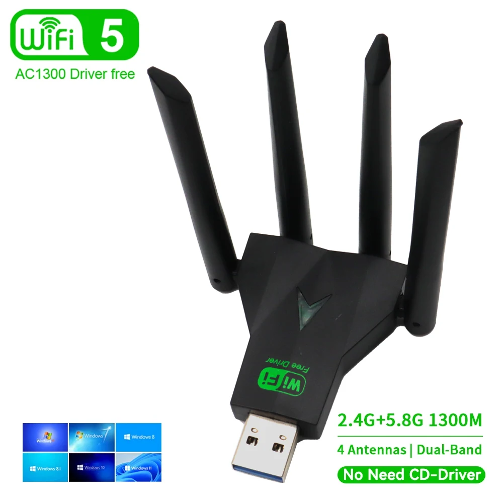 

USB-адаптер Wi-Fi 1300 Мбит/с, ключ 2 в 1, двухдиапазонный 2,4G и 5 ГГц, сетевой беспроводной приемник Wi-Fi 5, БЕСПЛАТНО ДРАЙВЕР