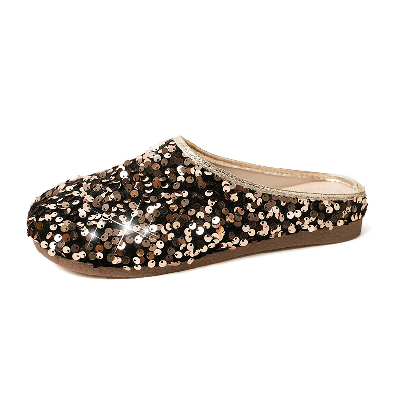 2024 Summer New Fashion Shoes Wear Silver Baotou Glitter Flat Casual Slippers