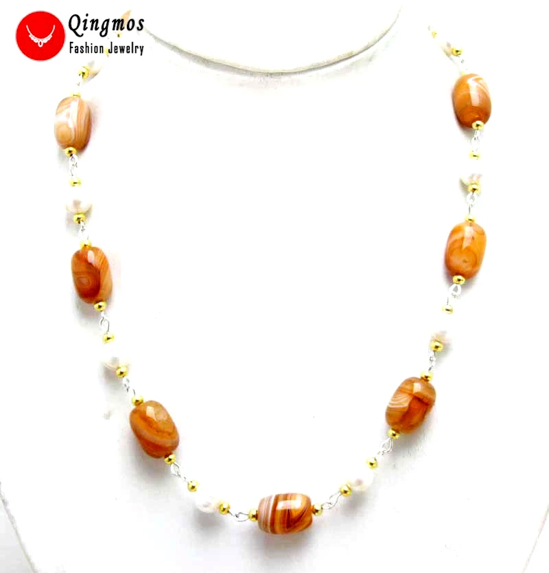 

Qingmos 12*16mm Barrel Shape Natural Pink Striped Bostwana Agate Necklace for Women with 9-10mm White Pearl Necklace Long 21''