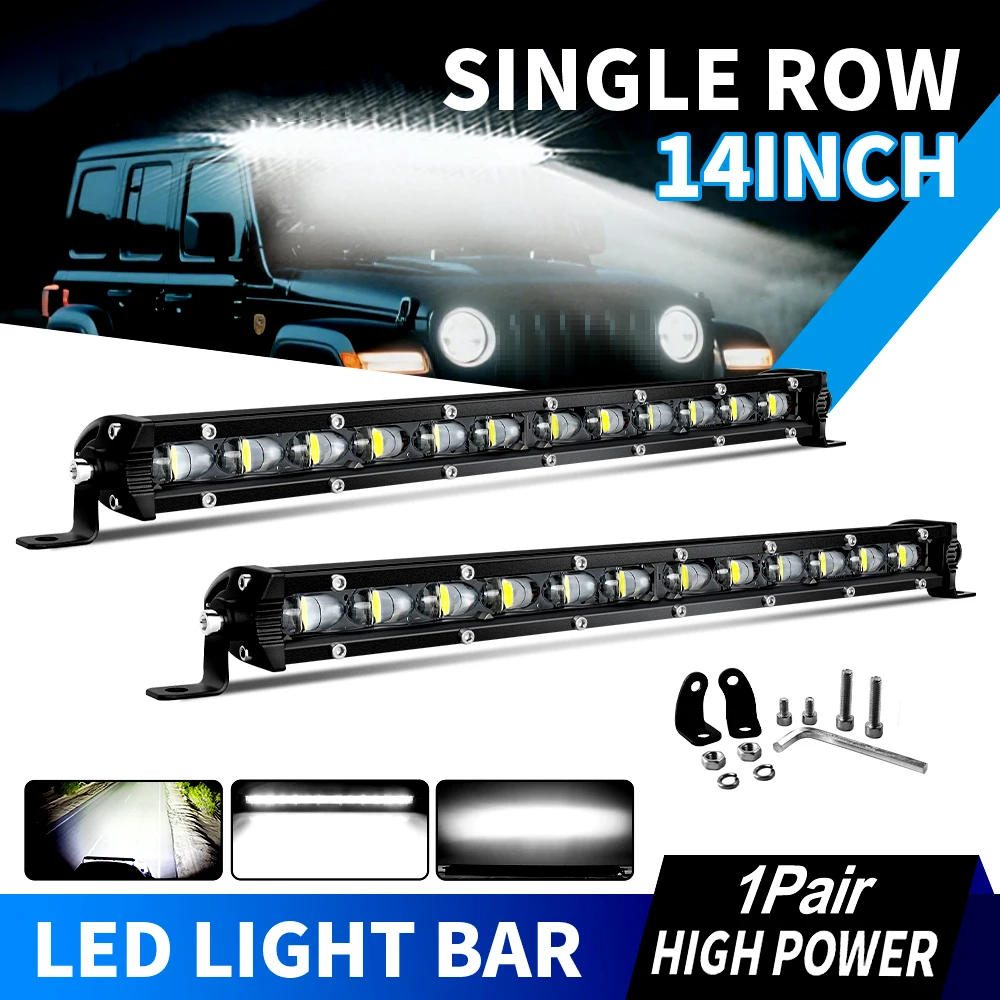 Ultra-thin 6D Lens LED Light Bar for Off-Road Vehicles, 14 inch LED Truck Light Driving Work Light 12-24V, Suitable for Cars, Trucks, SUVs, ATVs, Tractors, IP67 Waterproof LED Work Light