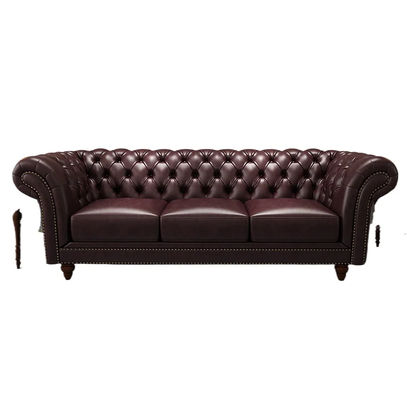 

Leather sofa first layer cowhide light luxury rural retro living room furniture pull button oil wax leather antique sofa