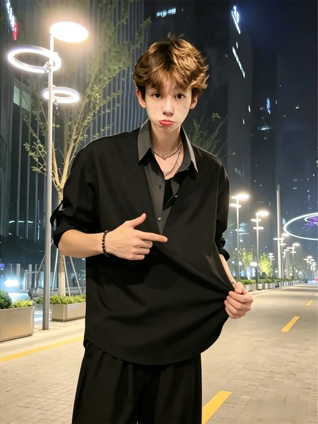 Black Long Sleeve Ice Silk Shirt Set for Men Spring Summer Cuffed Sleeve Design Loose Fit Casual Style Youth Popular Breathable