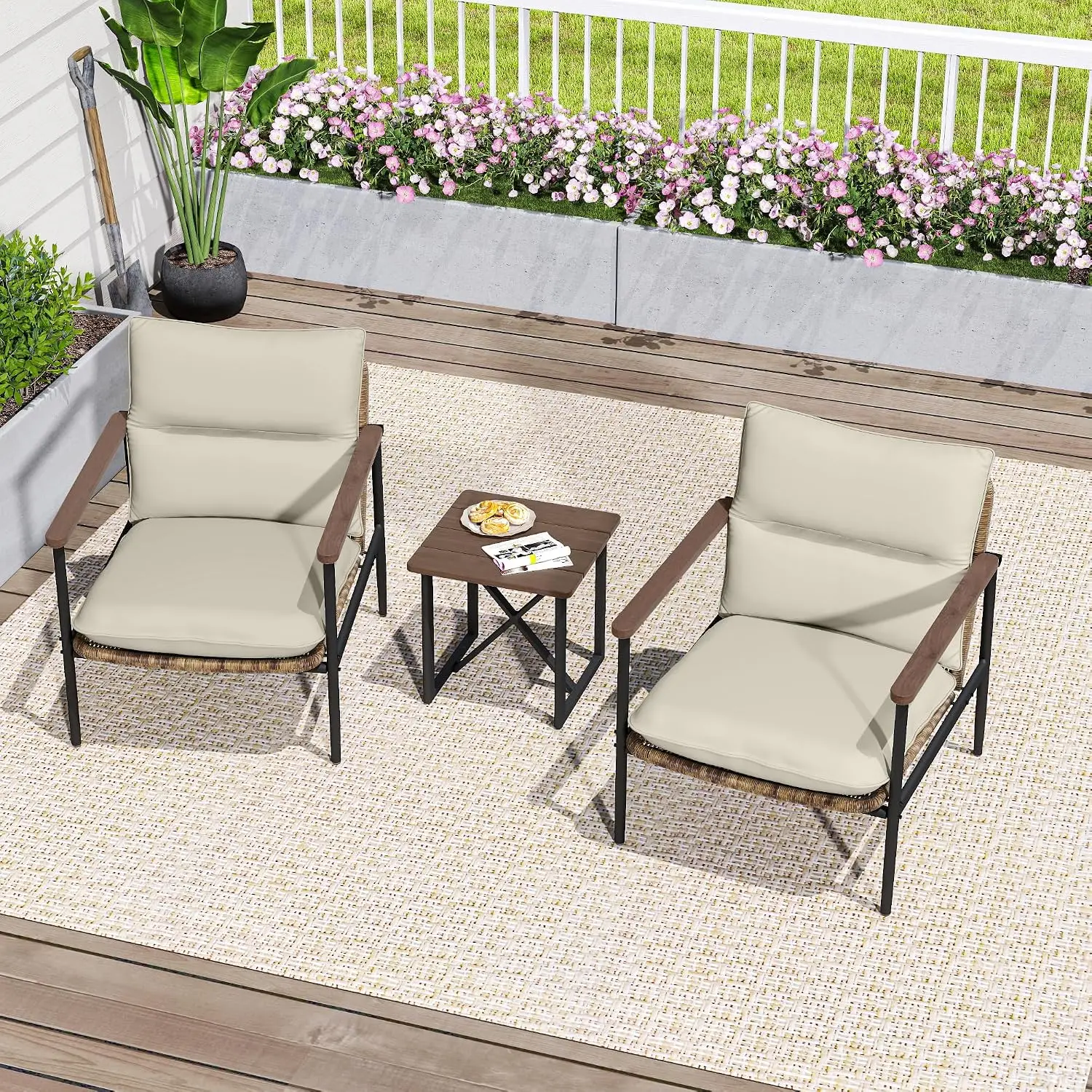 3-Piece Patio Furniture Set, Aluminum Wicker Seat Acacia Wood Armrest Removable Thick Cushion Garden Backyard, Customized