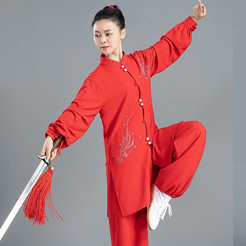 Chenjiagou Spring/Autumn Tai Chi Suit for Women – China Red Rhinestone Flowy Wushu Uniform, New Chinese Style Practice Set in P