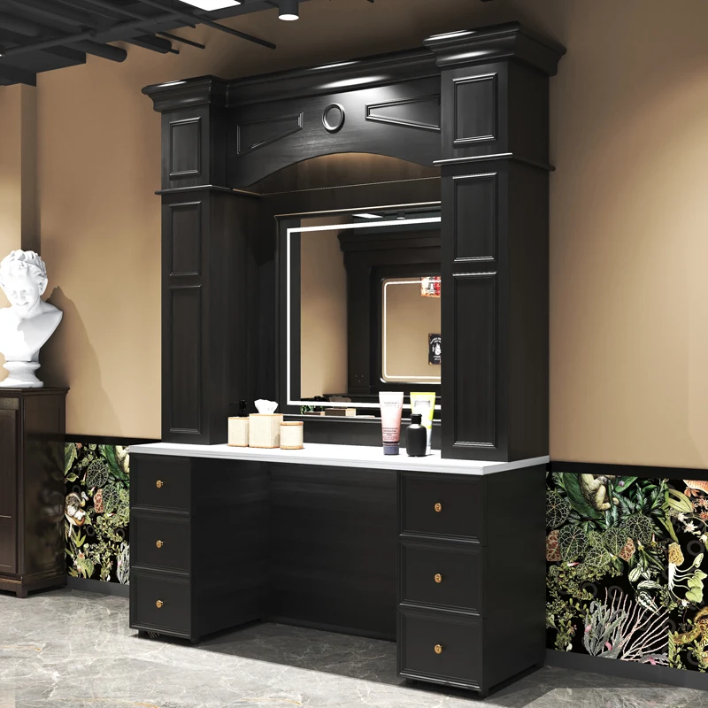 Jincheng barber shop furniture retro multifunctional wooden barber shop luxury salon mirror station with shampoo sink