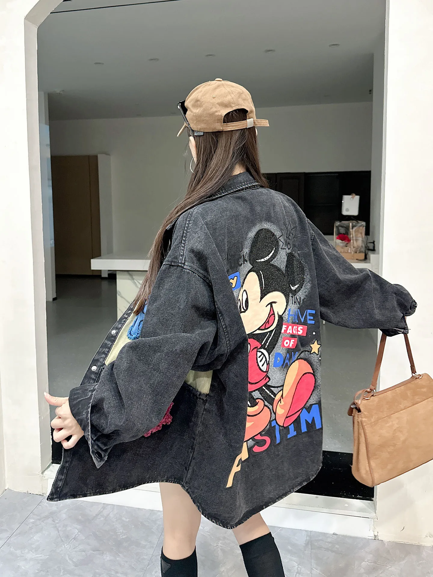 

Bla Denim Sequin Women's irt Faionable Casual Long Sve Cotton Blend Cardigan Sle Cartoon Hip Hop Top