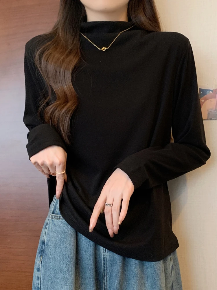 Warm Base Layer Tops Women's Velvet Knitted Turtleneck T-Shirt Autumn Winter Fashion Long Sleeve Solid Color Oversized Tees