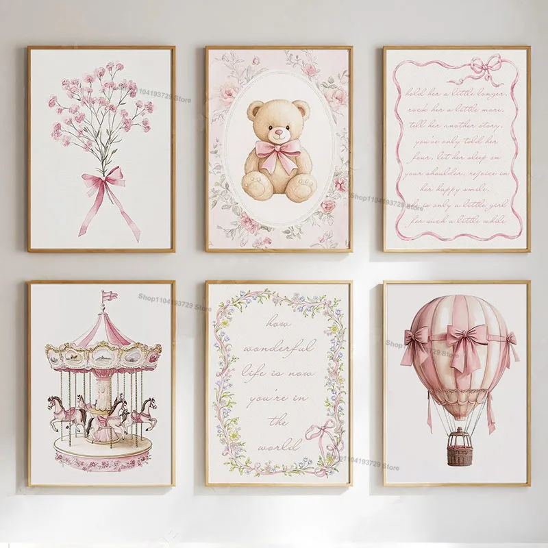 Pink Teddy Bear Hot Air Balloon Carousel Flower Nursery Wall Art Canvas Prints Posters Animals Pictures for Baby Kids Room Decor