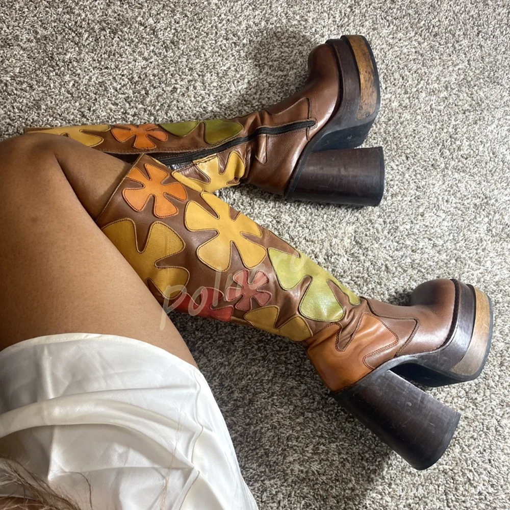 Women Retro Flower Patchwork Boots Vintage Brown Platform Block Heel Knee High Boots Side Zip Winter Vintage Mixed Color Shoes
