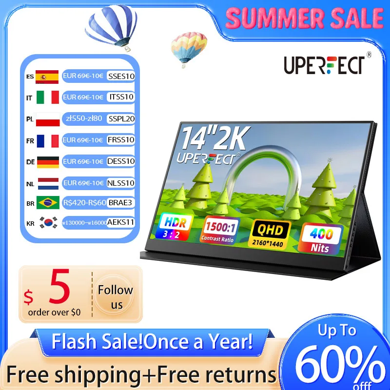 

Портативный монитор UPERFECT 14 дюймов, 2K, ультратонкий игровой экран для ноутбука, внешний дисплей QHD для ПК с двумя динамиками