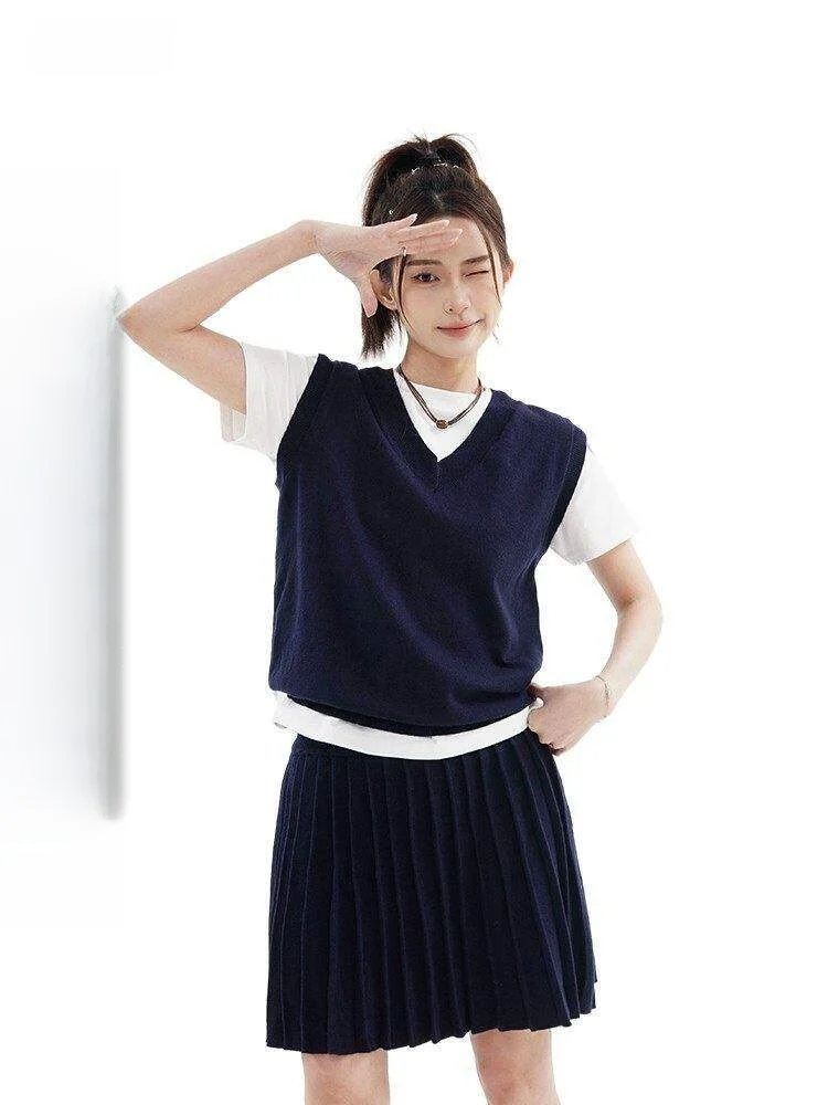 

Slimming Effect American Retro Loose Fit Knitted Sweater ort Skirt Set Women's Small Size Spor Casual V-Ne Vest Top