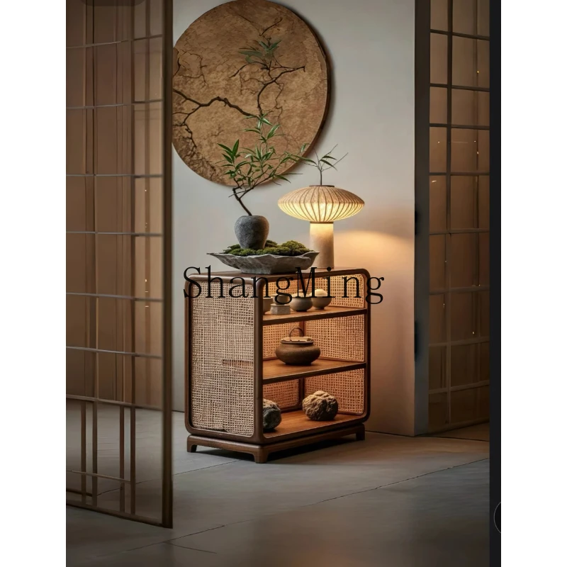 

SM solid wood rattan living room storage edge tea room bedroom storage tea table display cabinet