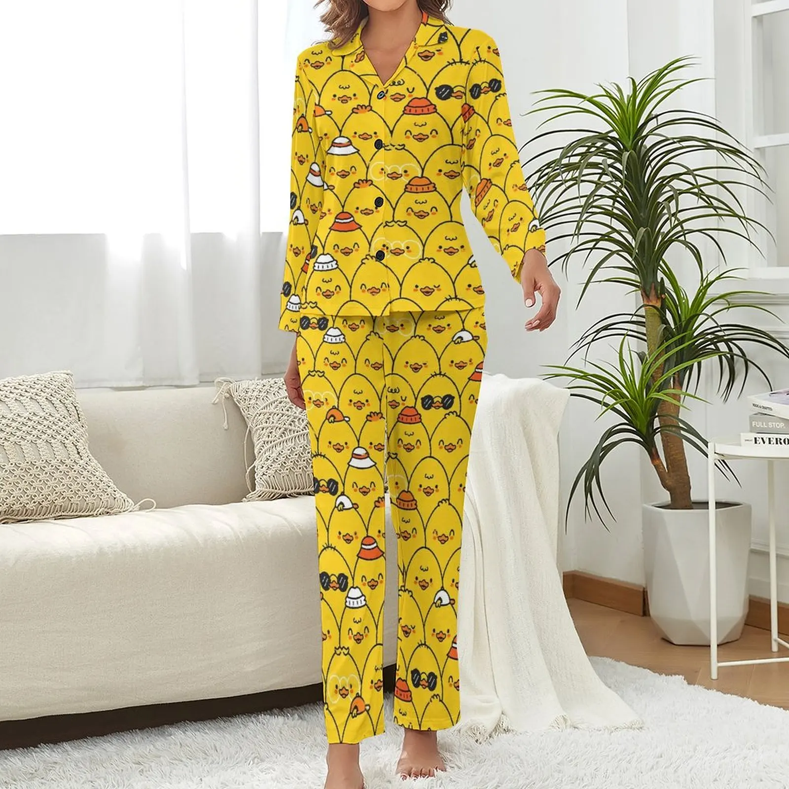 Yellow Ducks Pajamas Funny Ducklings Night V Neck Nightwear Lady Two Piece Custom Long Sleeve Fashion Pajama Sets