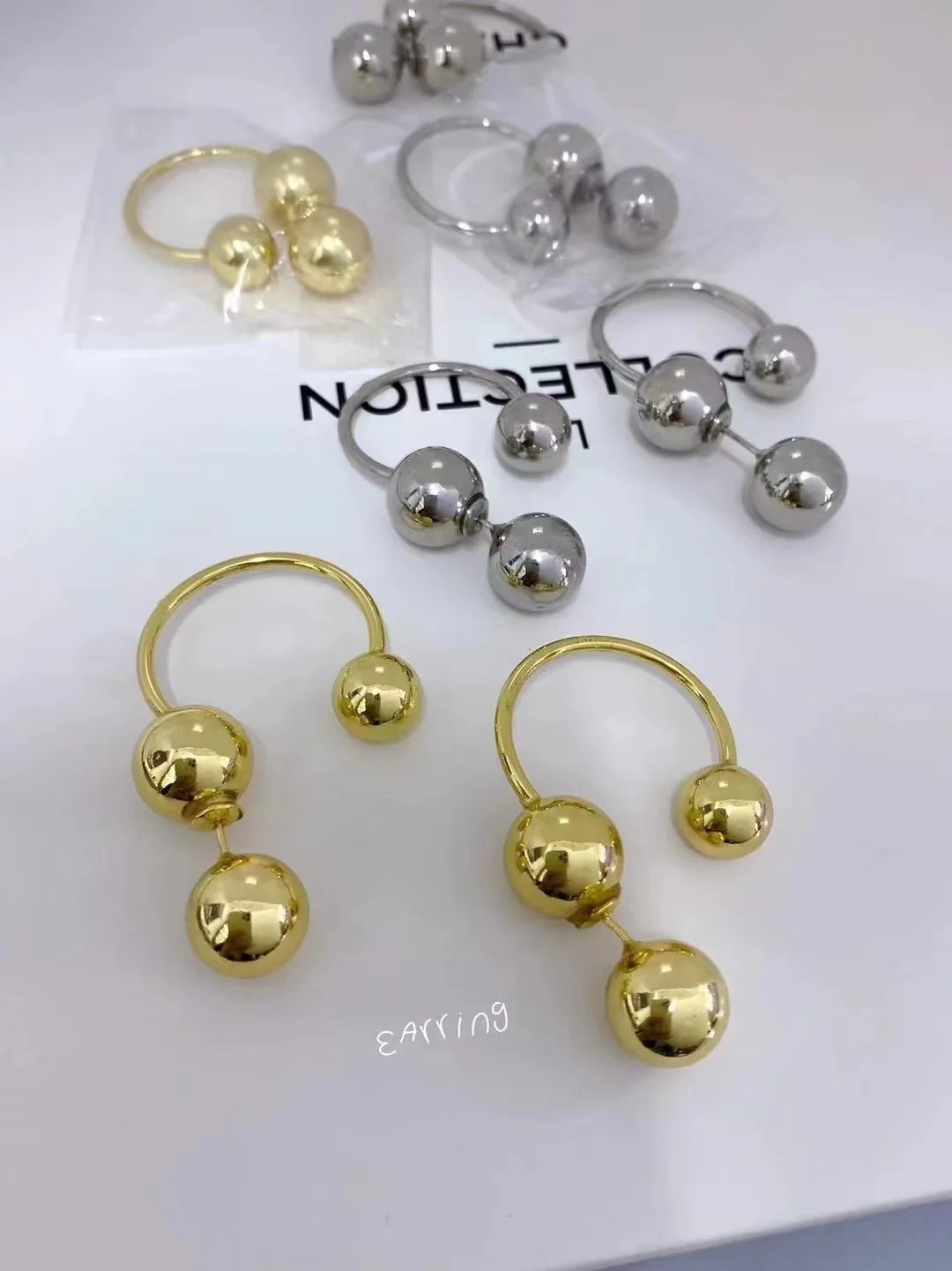 5 Pairs, Gold shiny round bead ear studs double wear simple glossy 18K gold earrings for women party daily jewelry
