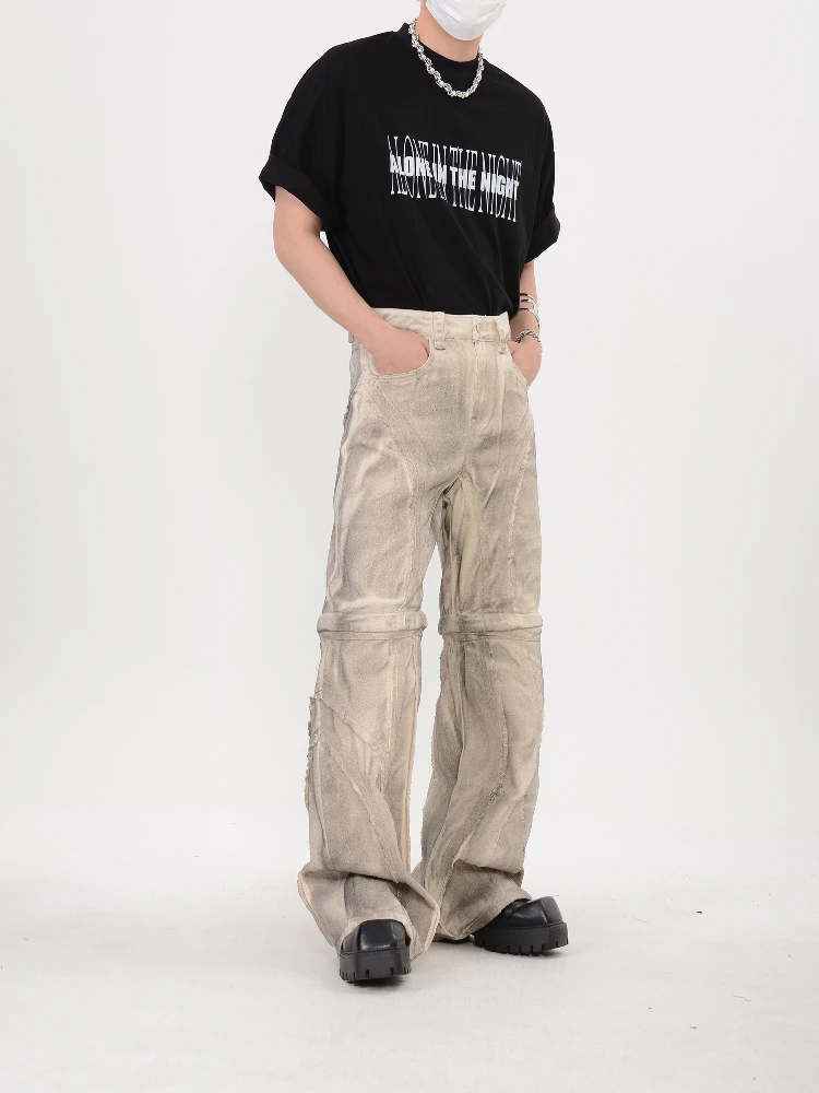 디컨스트럭팅 니치 디자이너 디자인 더티 워시 워른 진 남성용 탈부착 가능한 루즈핏 와이드 레그 바지