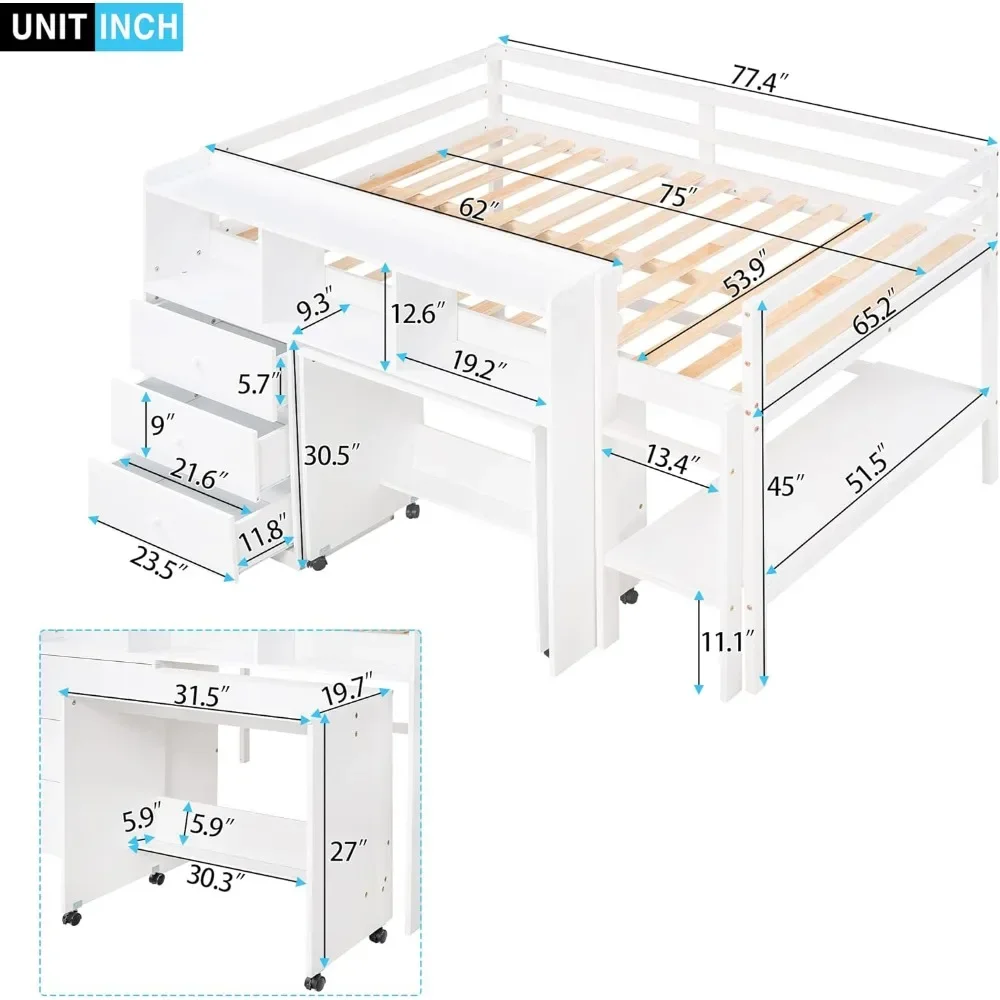 낮은 로프트 침대, 책상, 서랍 및 선반이 있는 풀 사이즈, 목재 풀 로프트 침대 프레임, 어린이 및 여아, 십대
