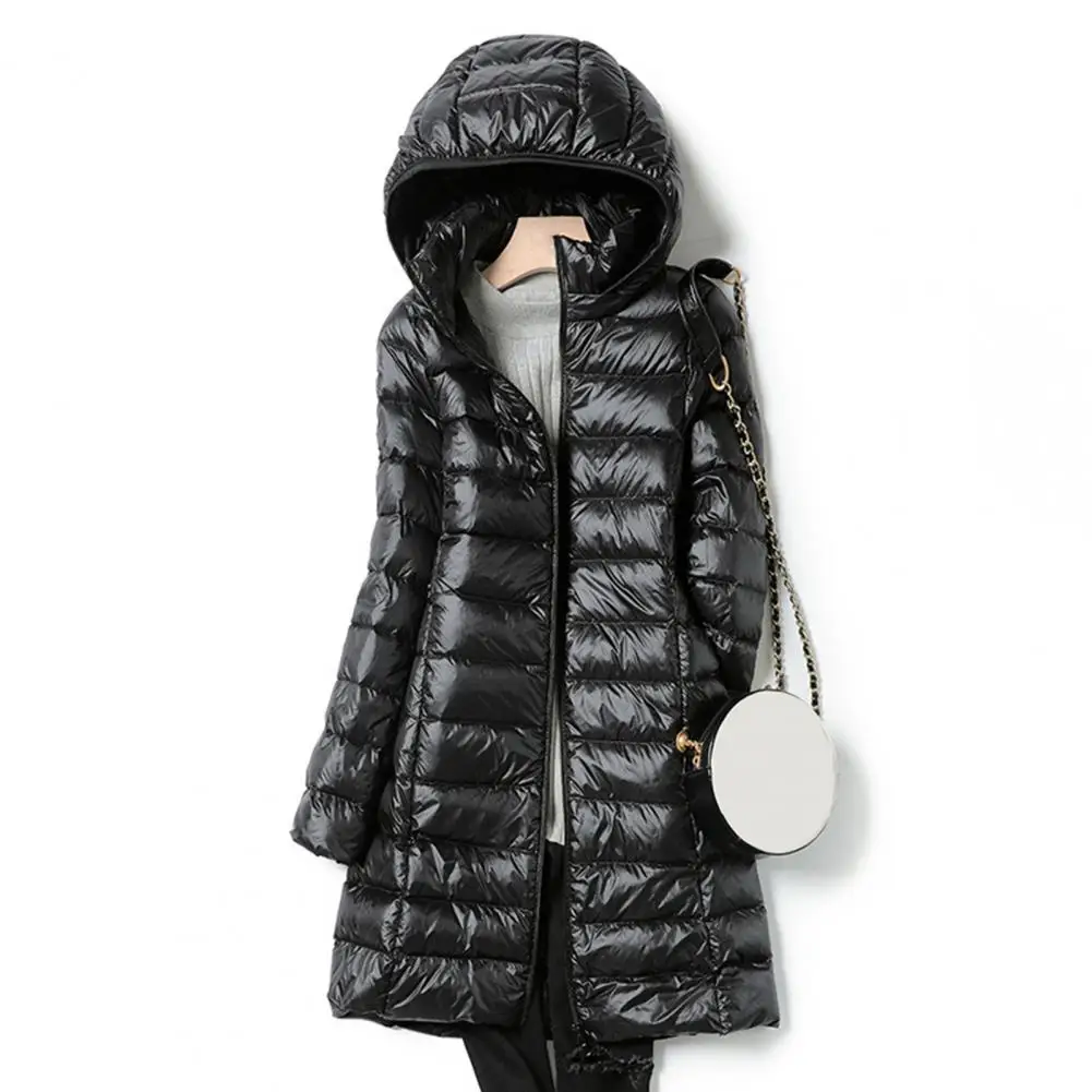 Women Cozy Coat Thickened Padded Winter Down Coat with Plush Hood Storage Bag Windproof Mid Length Outwear Jacket for Warmth