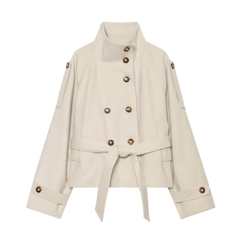 Autumn 2026 Women's Design Loose Versatile Stand Collar Belted Woolen Coat European Style Long Sleeve Short Length Double Button