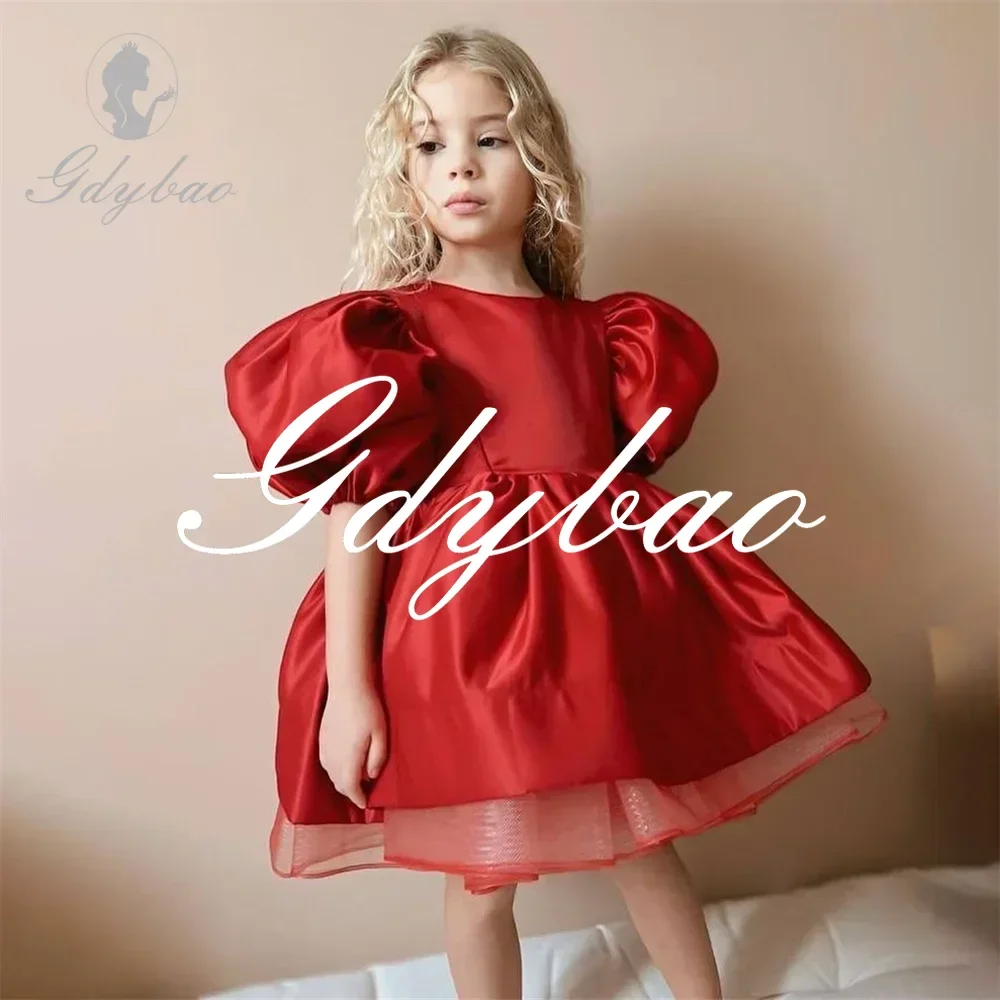 Princess Short Puff Sleeve Formal Wedding Party Flower Girl Dress Knee Length Bow Simple Classic First Communion Gown New 2024