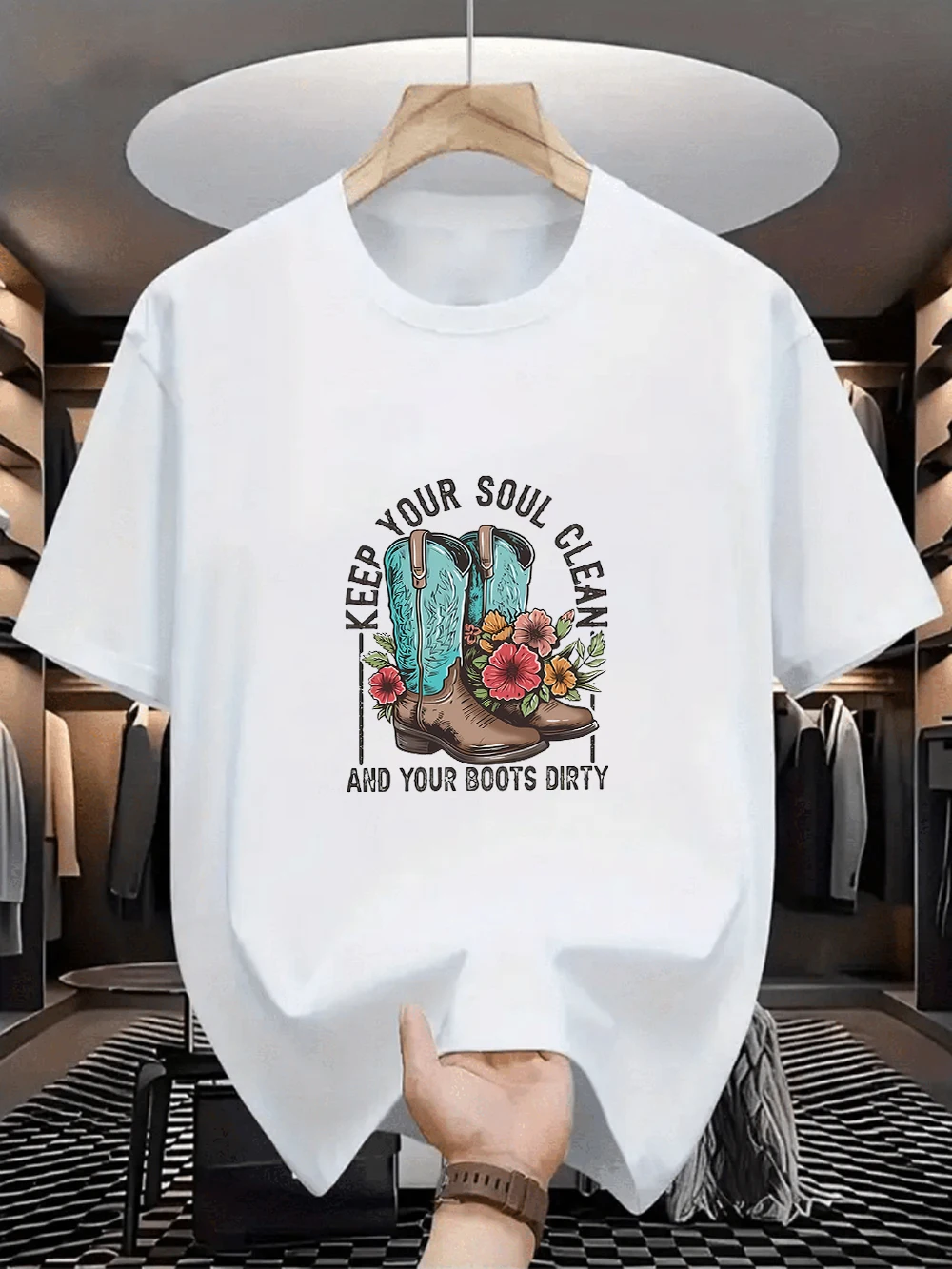 Oversized White Western Cowboy Graphic Print Casual Short Sleeve T-Shirt, Loose Crew Neck Tee for Country Music Fans
