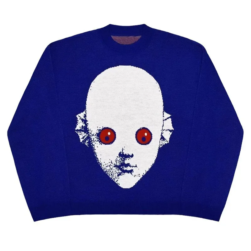 Autumn Unisex Harajuku Hip Hop Knit Pullover Sweater American Street Cartoon Print Loose Trendy Knitwear