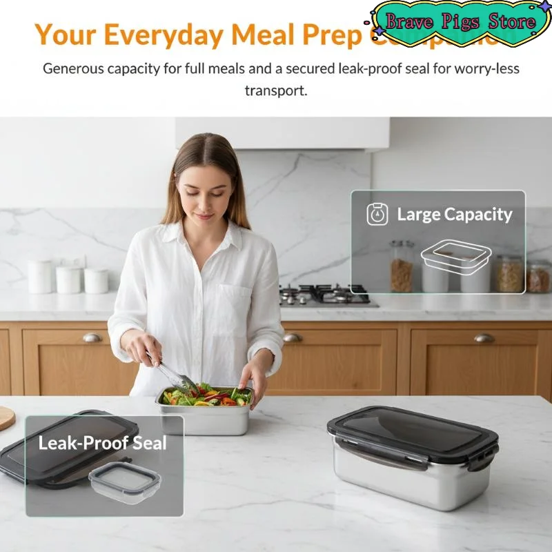 [HM]Food Fresh Keeping Box Sealed Lid Stainless Steel Container Crisper Lunch Meal Prep Storage Fridge Kitchen Set Square Bowl