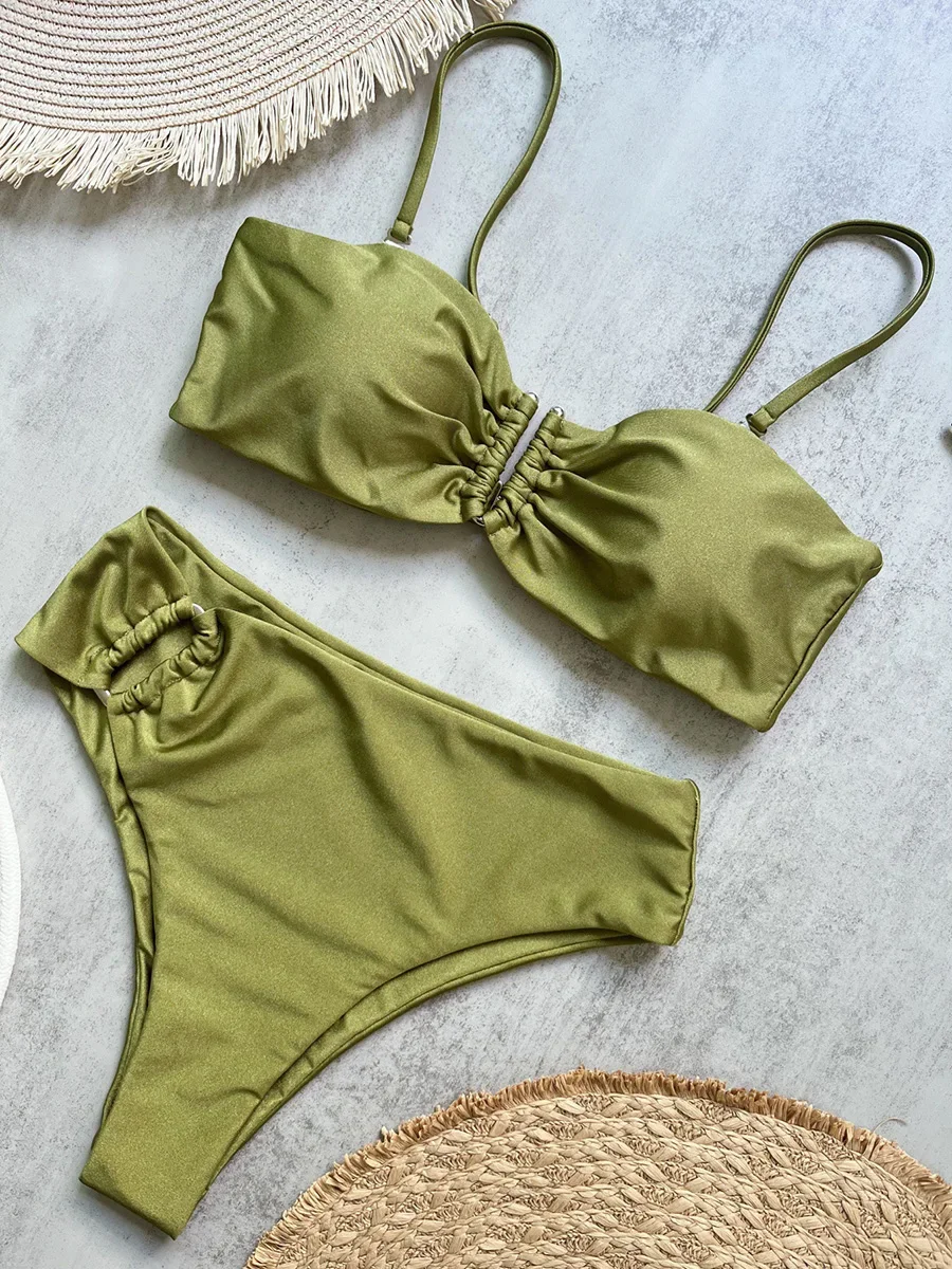 

Shiny Sparkling U Shaped Female Swimsuit High Waist Bikini Women Swimwear Two-pieces Bikini Set Bather Bathing Suit Swim Lady