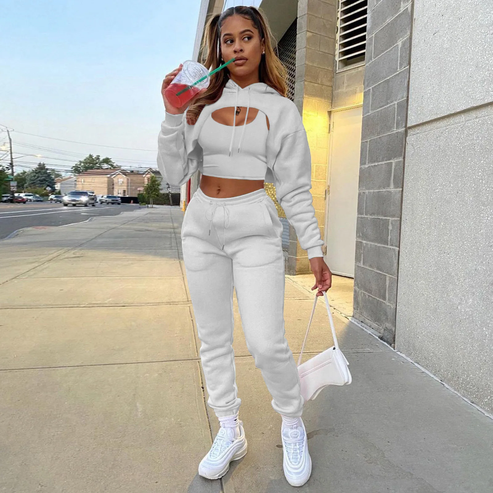 

2024 3 Jogger Cropped Sweatshirt Hoodies Sets Solid Crop Top Hoodie Vest Wtih Sweat Pants Women Fall Tracksuit Clothes
