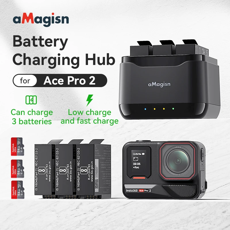 For Insta360 Ace Pro 2 Camera Batteries Charge Hub Base 3 Channel with SD Card Slots Charger AcePro2 Battery Portable Accessory