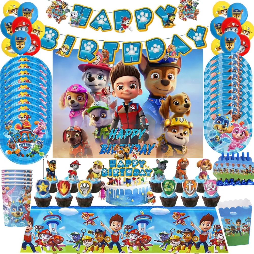 

Blue Anime PAW Patrol Theme Boy Birthday Party Decor Supplies Disposable Tableware Cute Puppy Balloons Cup Plate Banner Kid Gift