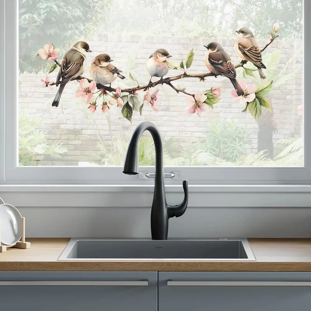 PVC Flower Window Clings Birds Tree Branch Glass Sticker Anti-Collision Decal For Bedroom Restroom Doors Decorative Films
