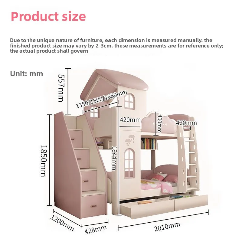 High and low pink princess bed, bunk bed of the same width up and down, small apartment space-saving soft bag up and down bed