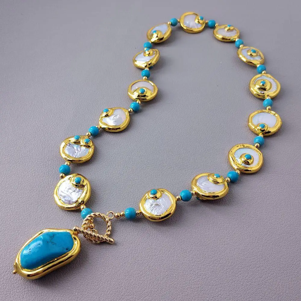 Cultured White Coin Pearl Blue Turquoise Choker Collier Necklace Designer Jewelr