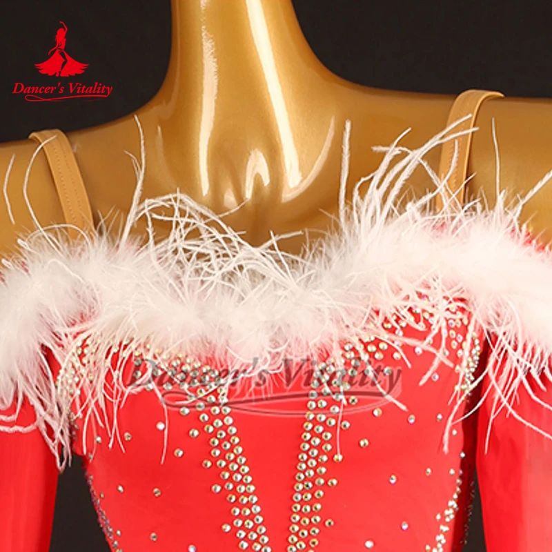 Vestido de baile Social con plumas y mangas largas con hombros descubiertos y piedras AB rojas para adultos, ropa para practicar y realizar vals vienés
