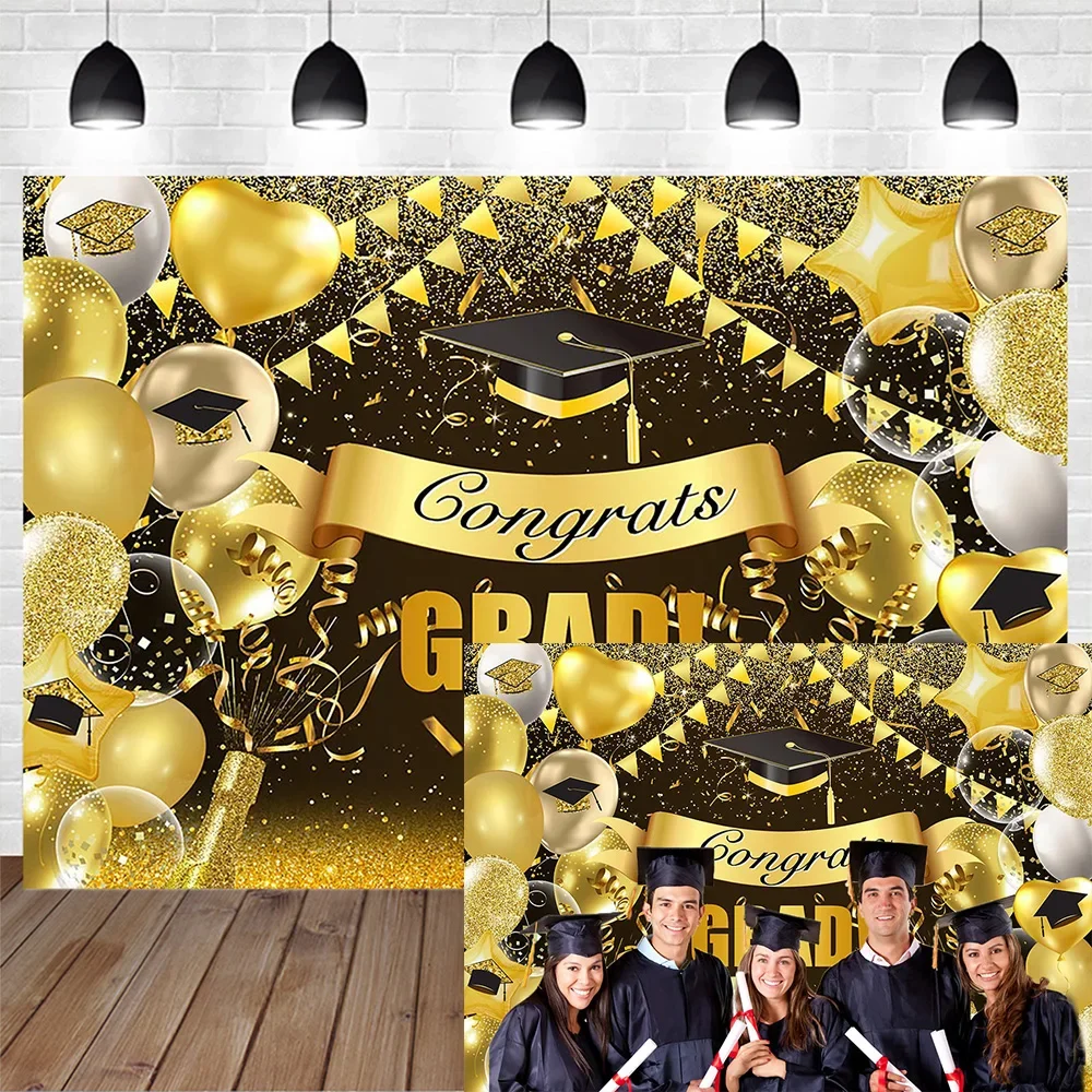 Mocsicka Congrats Grad Party Photography Backdrop Golden Graduation Cap Balloon Streamer Background Adult Portrait Photo Studio