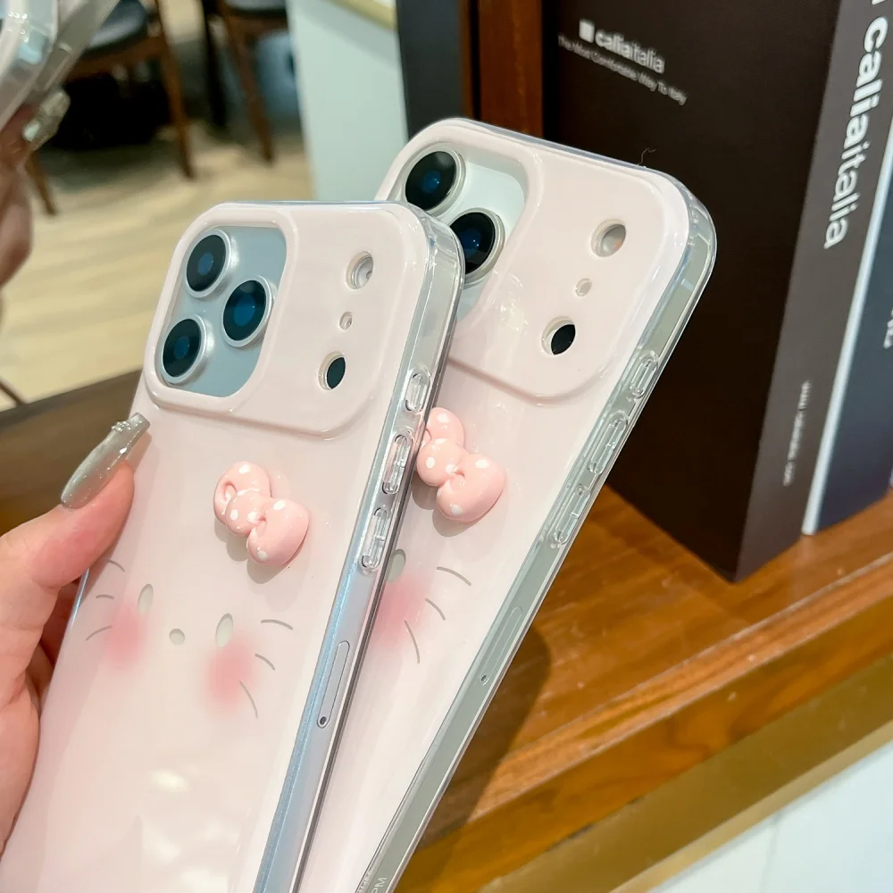 เคสโทรศัพท์ลายเฮลโลคิตตี้ 3 มิติ สีชมพู สำหรับ iPhone 16 17 ProMax 15 14 13 Pro Max ของขวัญสำหรับสาวๆ พร้อมสายคล้อง