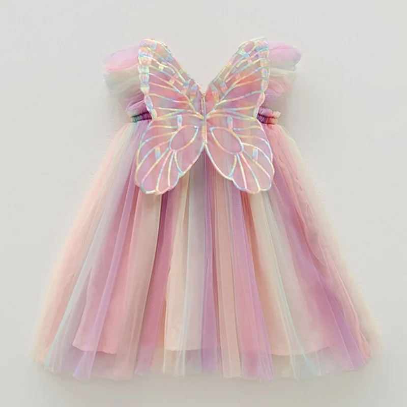 Summer New Dress for Girl Sweet Flying Sleeve Rainbow 3D Wings Mesh Kid Birthday Party Dresses Cute Baby Girl Princess Dress