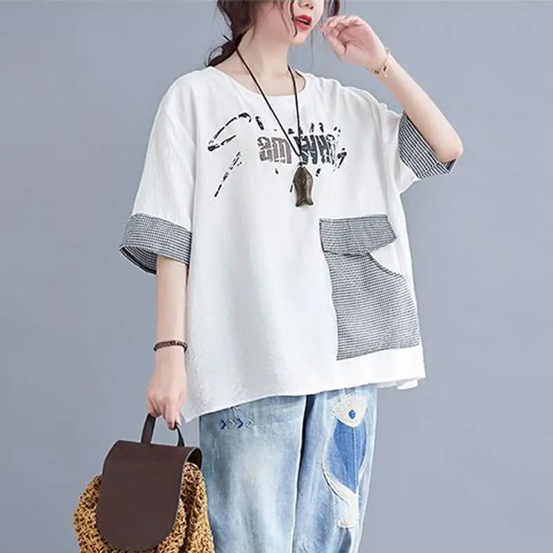 Cotton Linen Short-sleeved T Shirt Women Summer Korean Plaid Stitching Design Sense T-shirt Fashion Casual Loose Big Pocket Tops