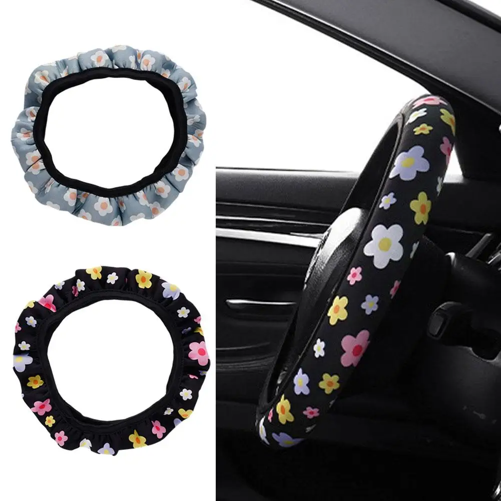 Universal Car Steering Wheel Cover Protector Daisy Printed Breathable Anti-skid Elastic For 37-39cm Auto Decoration M8f2