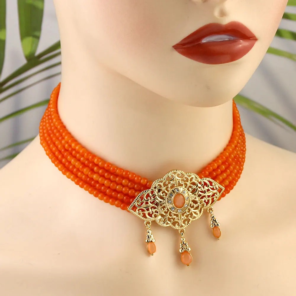 Sunspicems Ethnic Beads Necklace for Women Jade Color Chain Gold Plating Pandant Moroccan Choker Necklace Bridal Wedding Jewelry