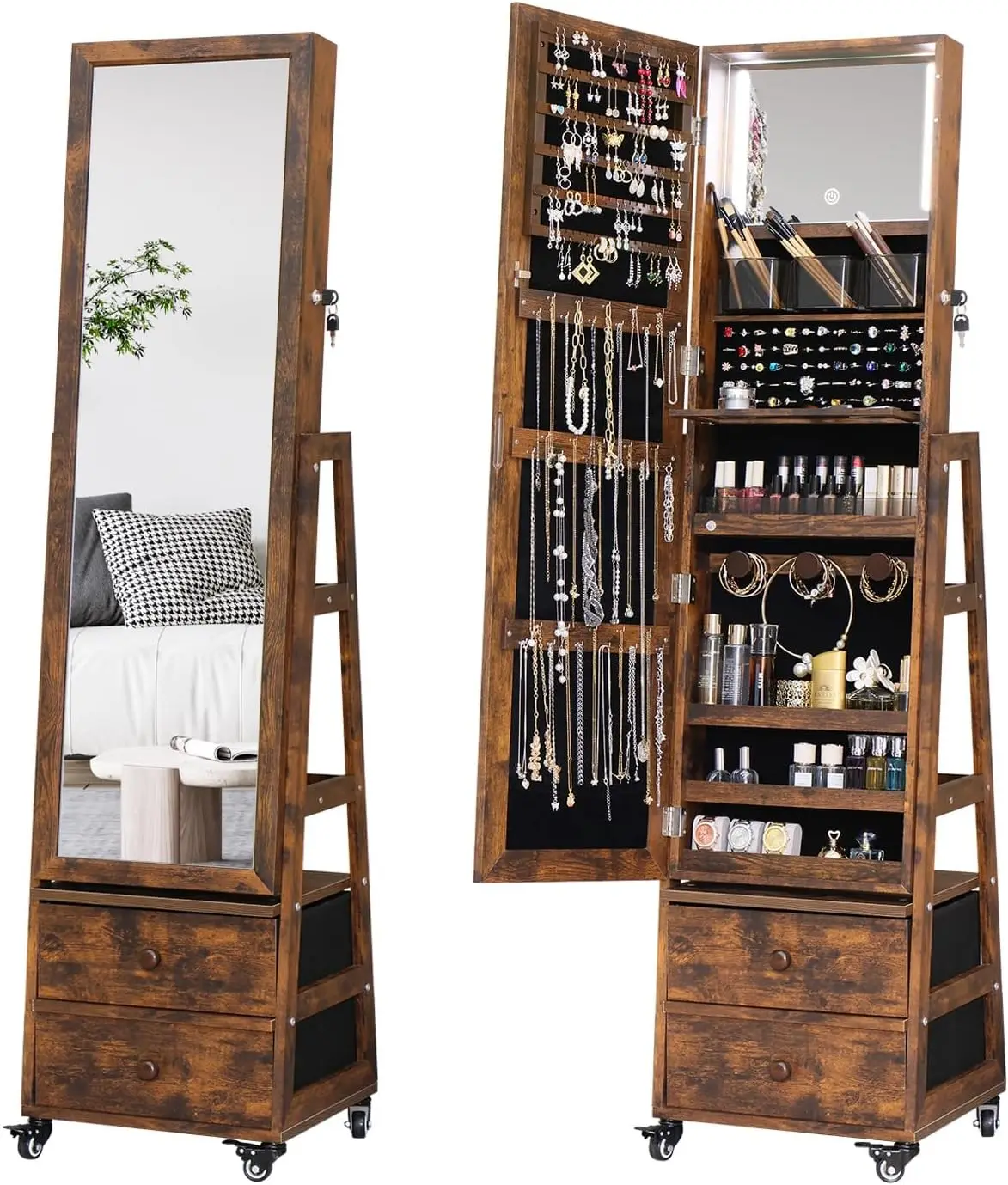Rotating Jewelry Cabinet Vanity Mirror Jewelry Armoire Lockable Full Length Mirror Storage Jewelry Organizer Standing Mirror Dra