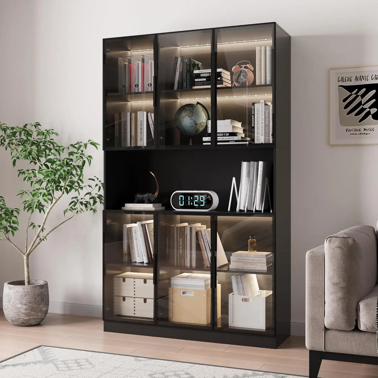

78.7" H Display Cabinet with 6 Glass Doors and Lights, Storage Cabinets Modern Bookcase with Hutch for Collectible, Display Case