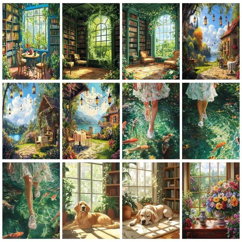 PhotoCustom Paint By Numbers Kits Indoor Study Room Painting By Numbers On Canvas Landscape Diy Home Decor