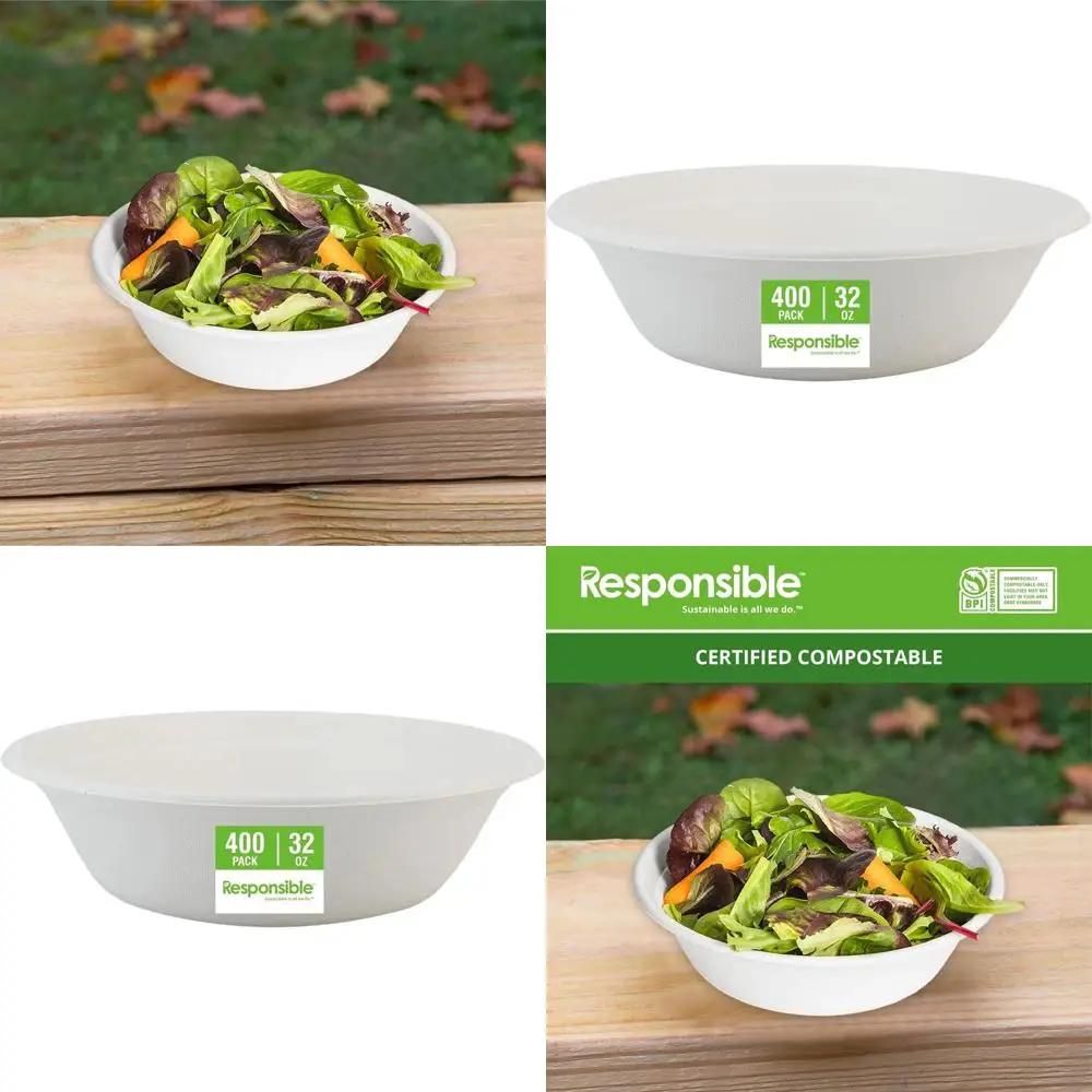 Tazones de papel ecológicos de 32 oz para sopa caliente (paquete de 400), resistentes, tamaño para postre, hechos con fibras de caña de azúcar y bambú