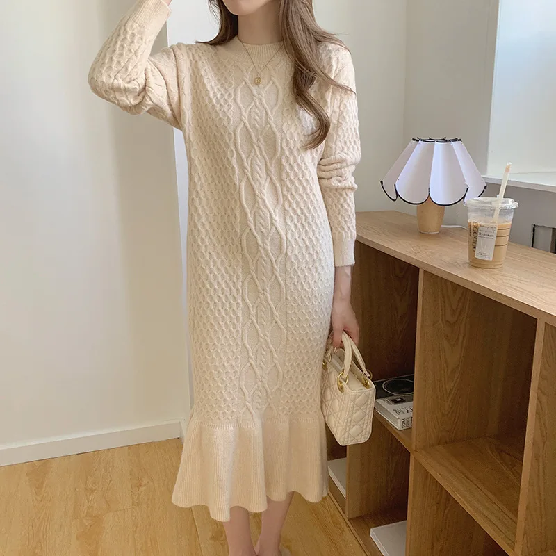 

Solid Knitted One-piece Dresses for Women Autumn Winter Loose Women's Sweater Knit Dress Korean Fashion Midi Chic and Elegant