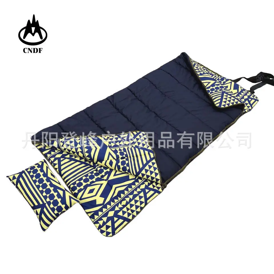 Outdoor 4KG widened thickened navy blue canvas envelope sleeping bag horizontal striped printed inner lining
