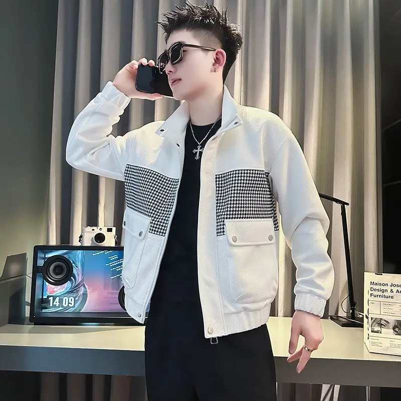 เสื้อแจ็คเก็ตเย็บปะติดปะต่อแบรนด์อินเทรนด์สําหรับผู้ชายเสื้อแจ็คเก็ตคอปกสําหรับผู้ชาย