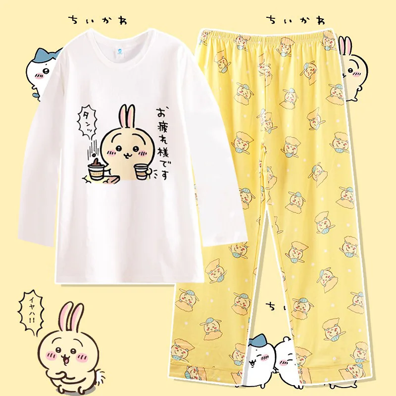 

Anime Cartoon Chiikawa Usagi Sleepwear Y2K Spring Autumn New Women's Pure Cotton Round Neck Long Sleeved Home Suit Set Gifts